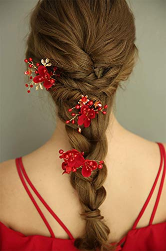 Chargances Set of 3pcs Red Hair Pins Bridal Flower Pearl Hair Pins Bridal Headpiece Crystal Hair Pin Wedding Hair Accessories Sparkle Boho Delicate Handmade Gold Jewelry Gift for Women and Girls