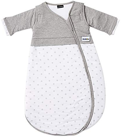 Gesslein Baby Schlafsack Bubou, Ganzjahres-Schlafsack mit Temperaturregulierung (optimale Passform, langer Reißverschluss, 90, grau-weiß Sternchen