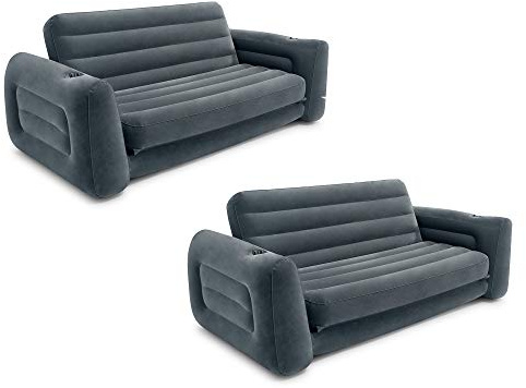 Intex 2 in 1 Inflatable Pull Out Sofa and Queen Size Air Bed Mattress with Cup Holders for Indoor and Outdoor Use for Adults (2 Pack), Charcoal Gray