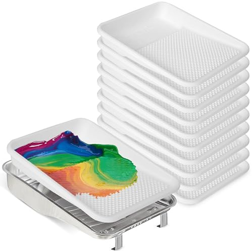 Unvert Paint Tray and Liner Set, Set Includes 9 Reusable Metal Pans Tray & 10 Pack of 9 White Plastic Paint Liners, Paint Roller Trays, Set for Household or Construction Use