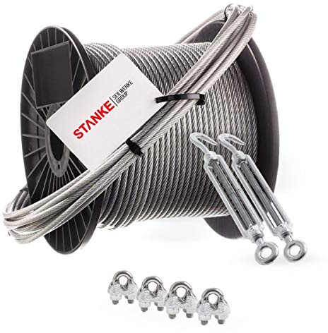 Corda Seilwerk STANKE in acciaio inossidabile con guaina in PVC, 15m V4A 4mm 7x7 corda in acciaio inossidabile, 2x tenditore M10, occhiello + gancio zincato, 4x morsetto per arco V4A - SET 4