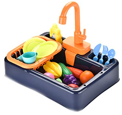 NIWWIN Pretend Play Kids Kitchen Sink Toys Set mit fließendem Wasser Lerngeschenke Jungen Mädchen Simulation Geschirrspüler Arbeitsarmatur & Abfluss Geschenke (Blau)