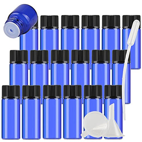 TIANZD 100 Pièces Mini 5ml Bleu Bouteilles en Verre D'huile Essentielle avec Orifice Réducteur, Flacons en Verre Vides apour Huiles Essentielles Aromathérapie