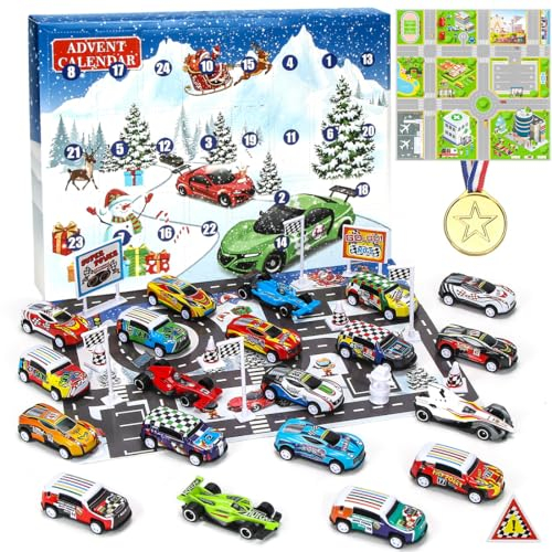 Sprinlot Calendario Adviento Coches, Juguetes de Carreras con Medalla Señales de Tráfico, Calendario Adviento Niños, Calendario de Cuenta Regresiva, Navidad Regalo para Niños Niñas