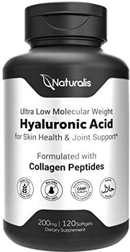 Naturalis Hyaluronic Acid 200mg, 10x Better Absorption Ultra Low Molecular Weight with Collagen, Biotin, Selenium & Vitamin E | Hair, Skin, Nails & Joint Supplements | 120 Softgels