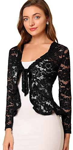 Allegra K Damen Spitzenbolero Langarm Bolero Durchsichtig Rüschensaum Crop Blumen Shrug | Eleganter Bolero mit floraler Spitze, für Hochzeitsgäste, eleganter formeller Bolero, für Abendkleider