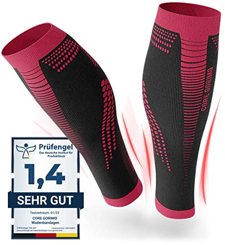 CORE GORIMO – Waden Kompression – Atmungsaktiv – Wadenbandage Kompression & Stützstrümpfe ohne Fuß für Damen & Herren beim Sport, Reisen & stehenden Berufen (M, Schwarz/Rot)