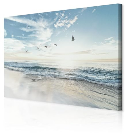 decomonkey Wandbilder Meer 90x60 cm 1 Teilig Leinwandbilder Kunstdruck Möwe | Strukturleinwand, Holzkeilrahmen, Bild auf Leinwand, Wanddeko, Wohnzimmer, Wanddekoration, Landschaft, Strand, Meereswellen