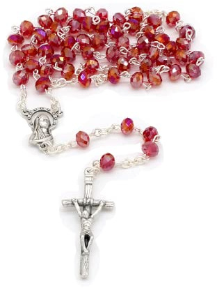 HOLY FAMILY Rosenkranz mit rotem Kristall mit Kreuz mit dem Bild der Madonna und Kreuz / Granen 6 mm / religiöser Rosenkranz-Halskette / italienisches Produkt