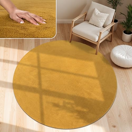 Paco Home Moderner Kuscheliger Wohnzimmer Teppich Kurzflor waschbar flauschig Weich Einfarbig Felloptik zeitlos stilvoll rutschfest pflegeleicht, Grösse:80 cm Rund, Farbe:Gelb