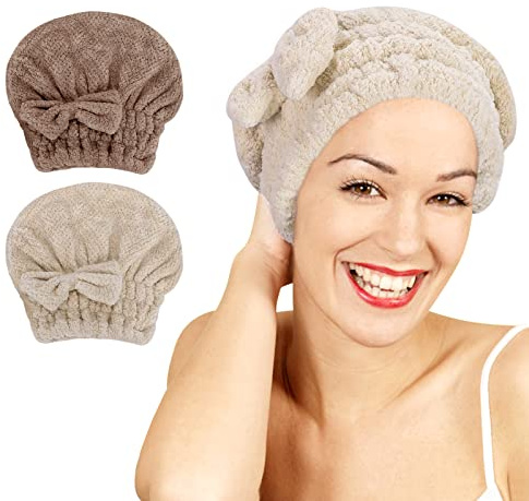 Unaone 2 Stück Mikrofaser Haarhandtuch, Haartrocknungstücher Handtuch, Haarturban-Schnell Trocknend, Hüpfmütze-Super Saugfähig, Haarwickel Handtücher Kopftuch Weich für Dickem/Langem Haar