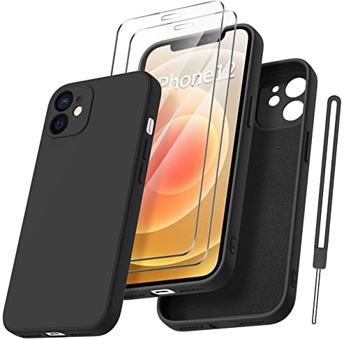 Qasyfanc Handyhülle für iPhone 12 Hülle mit 2 Stück Hartglas Schutzfolie, Silikon Case Ultra Dünn Microfiber Kameraschutz Rundumschutz Anti-Kratzer Handyhülle für iPhone 12 6.1 - Schwarz