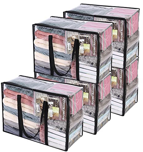 Vieshful 40L Klar förvaringsväska i vinyl för kläder, organisatör med förstärkt handtag, för täcke, filt, sängkläder, genomskinliga rörliga tygkassar med robust dragkedja, 46 x 38 x 23 cm, 5-pack
