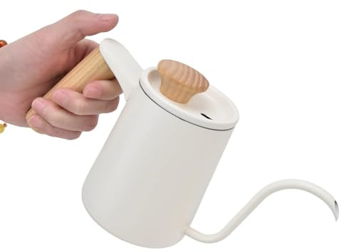 Hervidor de cuello de cisne, tetera de café blanco Estufa Tetera de cuello de cisne de acero inoxidable Verter sobre tetera de café con mango de madera(600ml)
