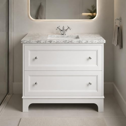 Go Bathrooms Eloise 1000mm White Bathroom Vanity Unit With Marble Worktop & Sunken Ceramic Basin 2 Soft Close Drawers