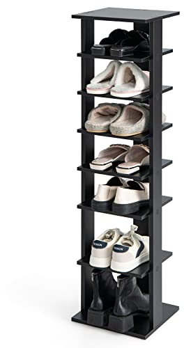 COSTWAY 8 stufiger Schuhständer höhenverstellbar, Platzsparendes Schuhregal aus Holz, Schuh-Organizer vertikal, Freistehender Eckregal für Eingang, Flur (Schwarz, Einzel)