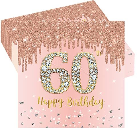 POPOYU 20 Stück Servietten 60. Geburtstag Roségold,Servietten Rosegold 60,Roségold Party DekorationServietten,60 GeburtstagServietten Rosa für Frauen 60. Geburtstag Party Partyzubehör