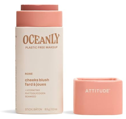 ATTITUDE Oceanly Plastic-Free Lightweight Blush Stick, Titanium Dioxide-Free, EWG Verified, Vegan & Cruelty-free Makeup, Rose, 0.3 Ounces