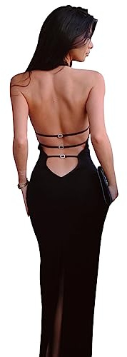 KOEMCY Vestito Donna Spaghetti Strap Senza Maniche Vestito Collo Cavezza Vestiti da Cerimonia Abito da Sera Partito Bodycon Senza Schienale Festa Banchetto (Nero, S)