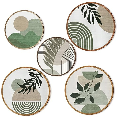 Qunclay 5 Pcs Wall Art Decor Wooden Living Room Wall Decor Bohemian Hanging Farmhouse Geometric 10'' and 8'' Aesthetic Wood Minimalist Posters for Bedroom(Greenery)