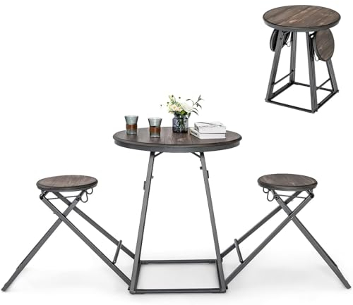 RELAX4LIFE Bartisch mit Barhocker Set, Esstisch Set Klappbar, Bistrotisch mit 2 Trennbaren Klappstühlen, Thekentisch&Barstuhl mit Metallrahmen, Essgruppe für 2 Personen, Platzsparend&Industriedesign