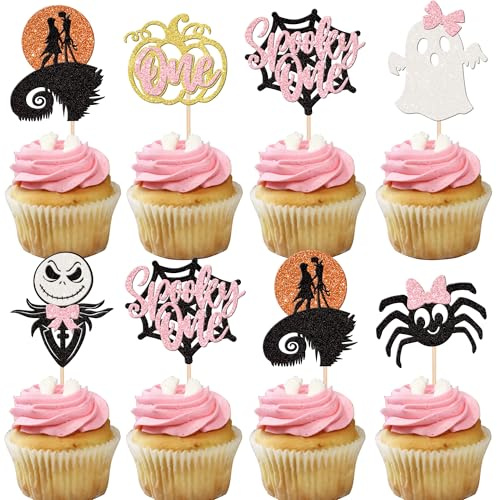 24 PCS Halloween Spooky One Cupcake Toppers Pink Glitter Ghost Spider Pumpkin 1st Birthday Cupcake Picks for Nightmare Before Christmas Baby Shower First Birthday Party Cake Decorations Supplies