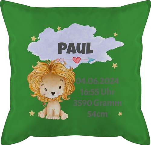Kissen 50x50 - Zur Geburt - Löwe Geburtsdaten - Junge Datum Gewicht Uhrzeit Größe - 50 x 50 cm - Grün - Neugeborene Geschenke geburtskissen personalisierte Baby neugeborenen Daten kopfkissen