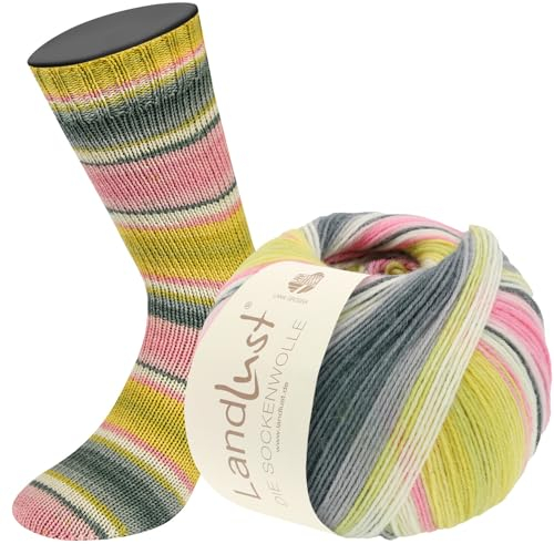 LANA GROSSA Landlust Sockenwolle 6-fach | Klassiker, bedruckt und waschmaschinenfest | Handstrickgarn aus 80% Schurwolle (Merino) & 20% Polyamid | 150g Wolle zum Stricken & Häkeln | 390m Garn FB912