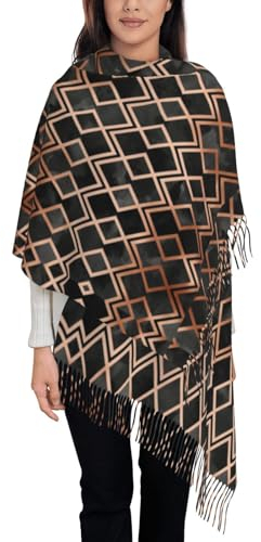 VhoMes Schal, Kupferfarbener und schwarzer Geo-Diamanten-Quastenschal, warmer Fransenschal, luxuriöser Damen-Wickelschal, für alle Jahreszeiten, 72 x 197 cm