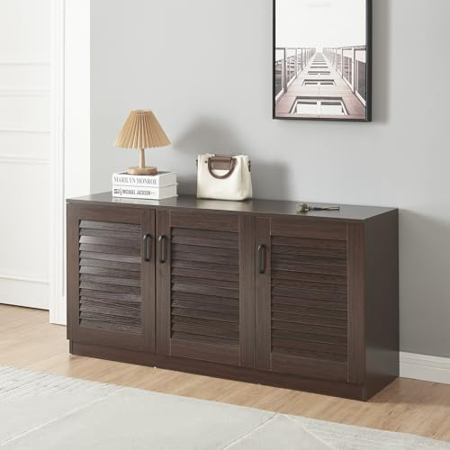 [en.casa] Armadio Scarpiera Mobile Portascarpe con 3 Ante a Persiana e Ripiani Inclinati 62 x 125 x 36 cm MDF Wengè