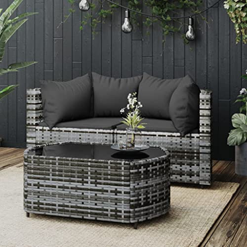 Hovothy 3-TLG. Garten-Lounge-Set mit Kissen Grau Poly Rattan Balkon Sofa Loungesessel Outdoor Balkon Lounge Outdoor Sofa Rattansessel Rattan Stuhl Gartenlounge Outdoor Gartensofa Gartencouch