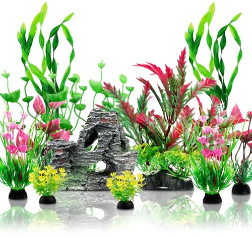 QUOZUO Accessori per acquario, 12 piante artificiali colorate per acquario, set di decorazioni per acquario, decorazioni per acquari