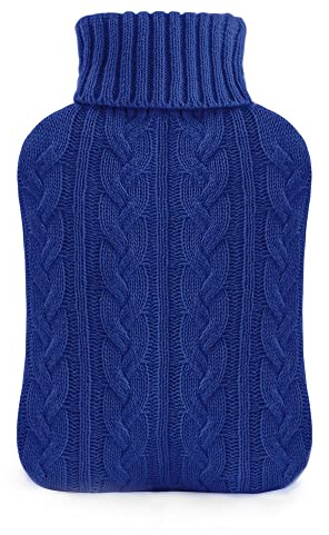 samply 2L Hot Water Bottle with Knitted Cover, Hot Water Bag, Navy Blue | Soft knitted cover for hot or cold compress. Ideal for hands, feet, neck and shoulders. Reusable for daily comfort.