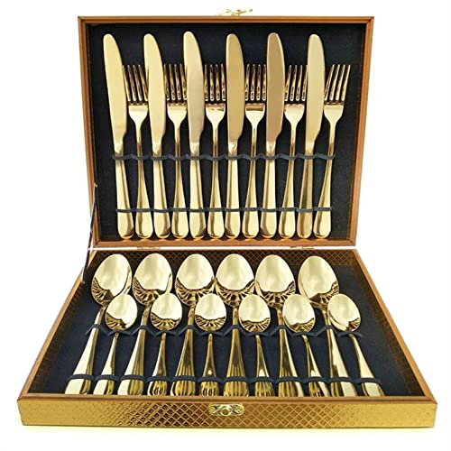 Juego de Cubiertos, Juego de Cubiertos de Acero Inoxidable de 24 Piezas con Caja de Regalo, Incluye Cuchillo/Tenedor/Cuchara/TSP para Servir para 6, Acabado Espejo, Bordes Lisos (Dorado)