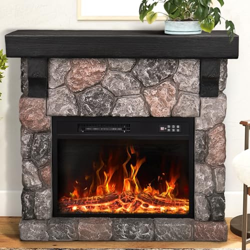 PUKAMI Electric Fireplace with Mantel, Freestanding Stone Fireplace Heater TV Stand with Remote Control, Realistic Flame Effect and 3D Log, 750W/1500W (36 inch)