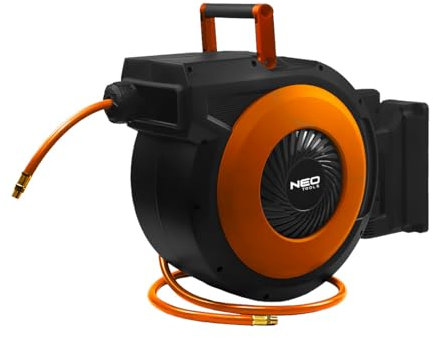 NEO TOOLS Automatik Schlauchtrommel Schlauchlänge 15m (20 Bar max. Arbeitsdruck) | Druckluftschlauch Aufroller automatisch 1/4 Anschluss | Schlauchtrommel Wandschlauchhalter (10-700 Verbundwerkstoff)