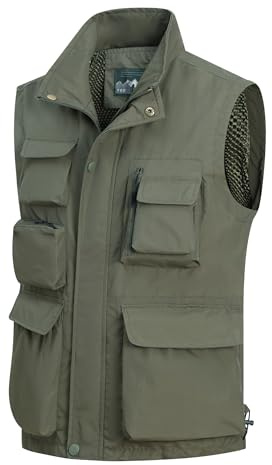 MeiLayM Uomo Gilet Pesca All'aperto Multi-Tasca Gilet Leggero Panciotto da Sportivo Giubbotto Casual Traspirante Senza Maniche Caccia Campeggio Gilet da Trekking e Attività Verde militare,S