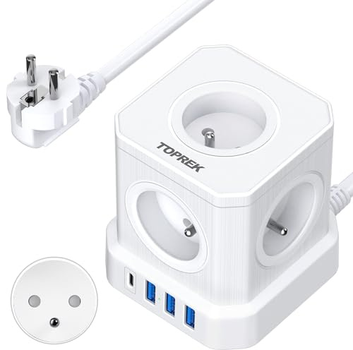 TOPREK 9 en 1 Cube Multiprise avec Interrupteur, 5 Prises AC Française | 2M Câble, USB C(20W PD3.0 Recharge Rapide) et 3 USB A, Cube Rallonge Multiprise, Parafoudre et Surtension, 4000W/16A, Blanc