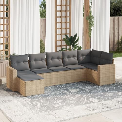 ULUYYUC 7-TLG. Garten-Sofagarnitur, Eckbank Polsterbank Eckbankgruppe Eckbank Küche Geeignet für Außenbereich Garten Hinterhof Balkon mit Kissen Beige Poly Rattan