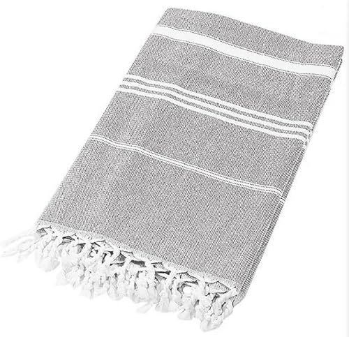 FEBE Strandtuch Badetuch Graphit Baumwolle 180x90 cm Ultraleicht mit Handgeknüpften Hamamtuch Saunatuch Picknickdecke Towel
