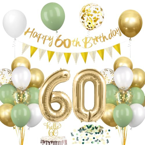 60. Geburtstag Deko: Salbeigrüne Tortendeko mit Luftballon und Girlande, Avocado Grüne Konfetti Ballon für Party Deko