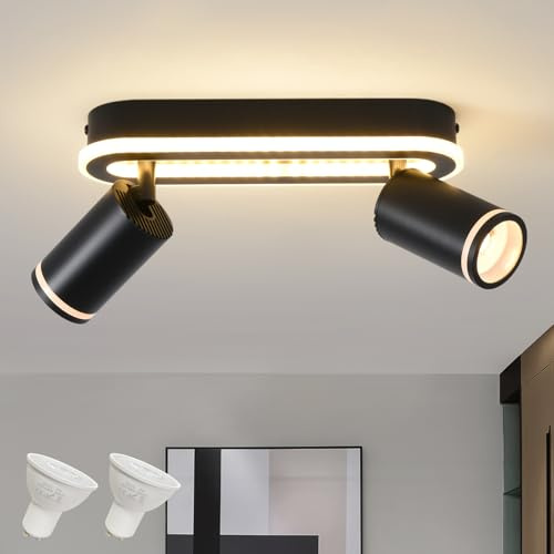 SANSHI Deckenleuchte 2 Flammig LED,Schwenkbar 350°Deckenstrahler,Schwarz | Deckenlampe mit unteres Glühen 15W+2x5W GU10 Spots,Modern Deckenspots Strahler 3000K,Spotlight Lampe für Wohnzimmer,Küche