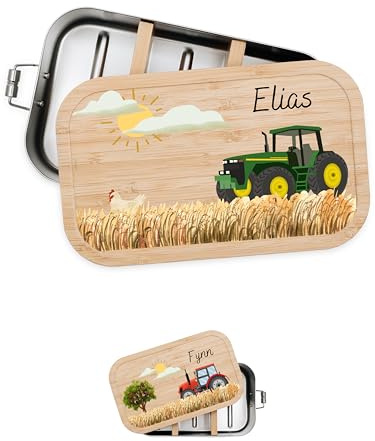 Bärenfreunde® - Personalisierte Brotdose für Kinder mit Spezial-Druck - Robuste Edelstahl Brotdose - Personalisierte Geschenke für Kinder & Erwachsene (Traktor grün,GROSS Edelstahl)
