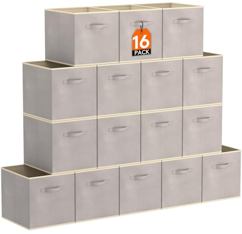 Lifewit 16 Stück Aufbewahrungsbox aus Stoff, Faltbar Aufbewahrungswürfel Kallax Boxen Aufbewahrung aus Vliesstoff mit Griff für Würfelregal Kallax Boxen Regal Einsatz, 33 x 33 x 33 cm Cm, Hellgrau