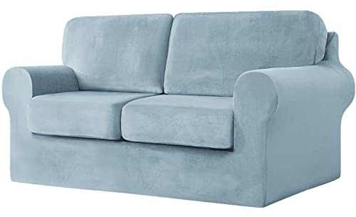 Samt-Schonbezug für Zweisitzer, 2-Sitzer-Couch mit separaten Rückenlehnen und Kissen, Gummiband, rutschfester Möbelschutz (Hellblau)