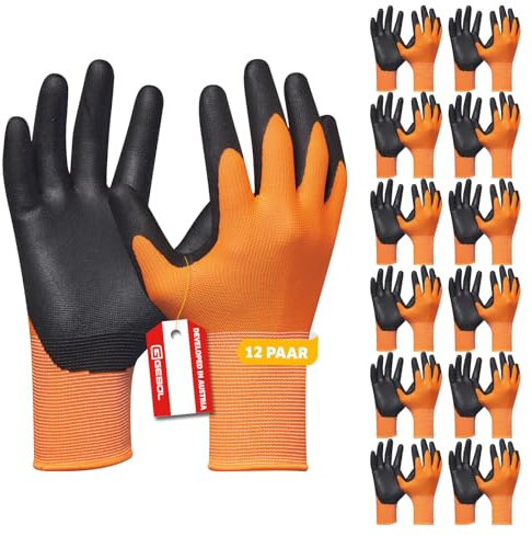 Gebol Eco Flex Orange | Guantes de trabajo con revestimiento de nitrilo transpirable | Guantes para trabajos de montaje | Para Hombre | Talla L (Gr 9) | Naranja | 12 pares Multipack