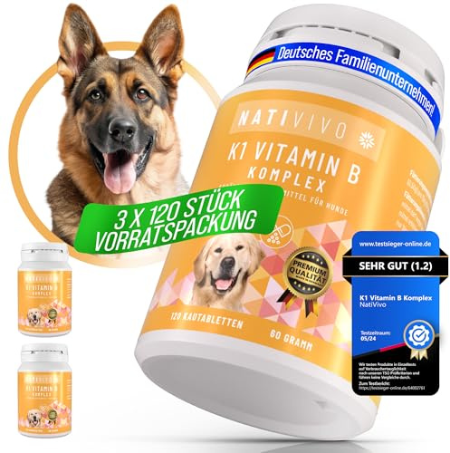 NATIVIVO K1 Vitamin B Komplex Hund - Große Hunde Vorrat - Made in Germany | 3 x 120 Tabletten Vorratspackung - Für große Hunde ab 15 kg - Nicht teilbar - Vitamin B1–B12 & K1 - für Nervensystem