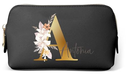 Love Faith personalisierte Kosmetiktasche - Schwarz-Gold - 18x11x4,5 cm | Wähle Initiale & Namen für die Gravur - Hochwertiger PU-Kulturbeutel - Praktischer Reisebegleiter für Frauen