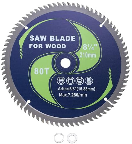 Kozelo Circular Saw Blade - [8-1/4 Inch x 80 Teeth x 5/8 Inch Arbor] Tungsten Carbide Tipped Table Miter Saw Blades with 5/8 Inch to 1/2 Inch 3/8 Inch Washer Adapters | Green