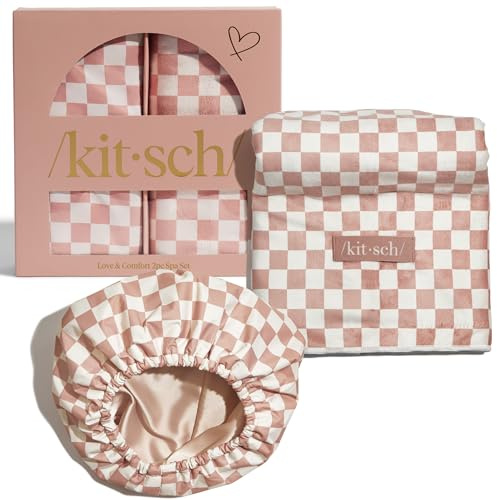 Kitsch Love & Comfort 2PC Spa Set - Satin Lined Reusable Waterproof Shower Cap and XL Quick Dry Hair Towel Wrap for Women, Microfiber Towel, Flexi Shower Cap For All Hair Types - Terracotta Checker